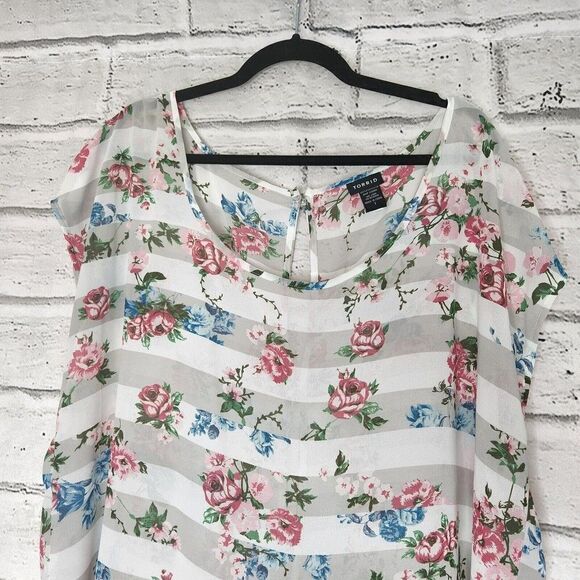 Torrid Sheer Floral Tunic Blouse Sz 1 Cut Out Back Womens Multicolor Sleeveless - Picture 7 of 10